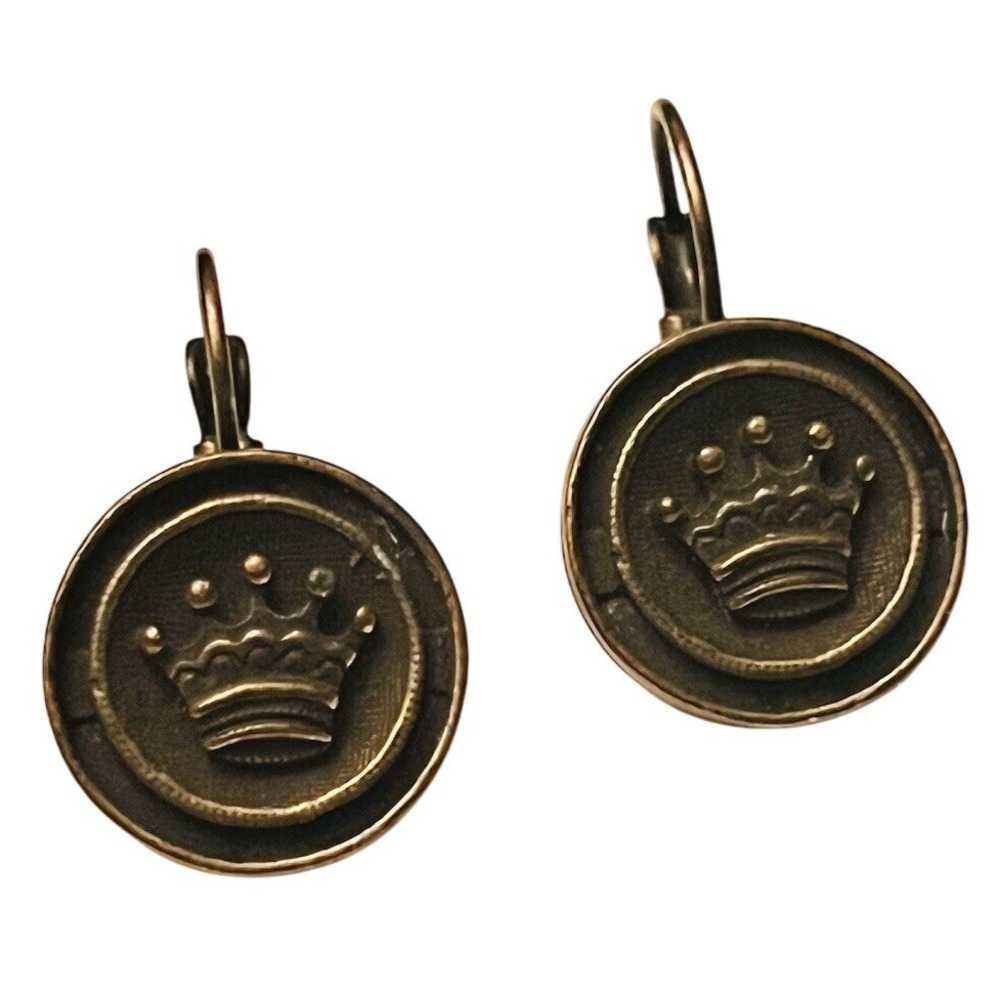 Earrings VTG Signed Kirks Folly Dangle Regal Crown Rare Pierced Stud Bronze Y2K